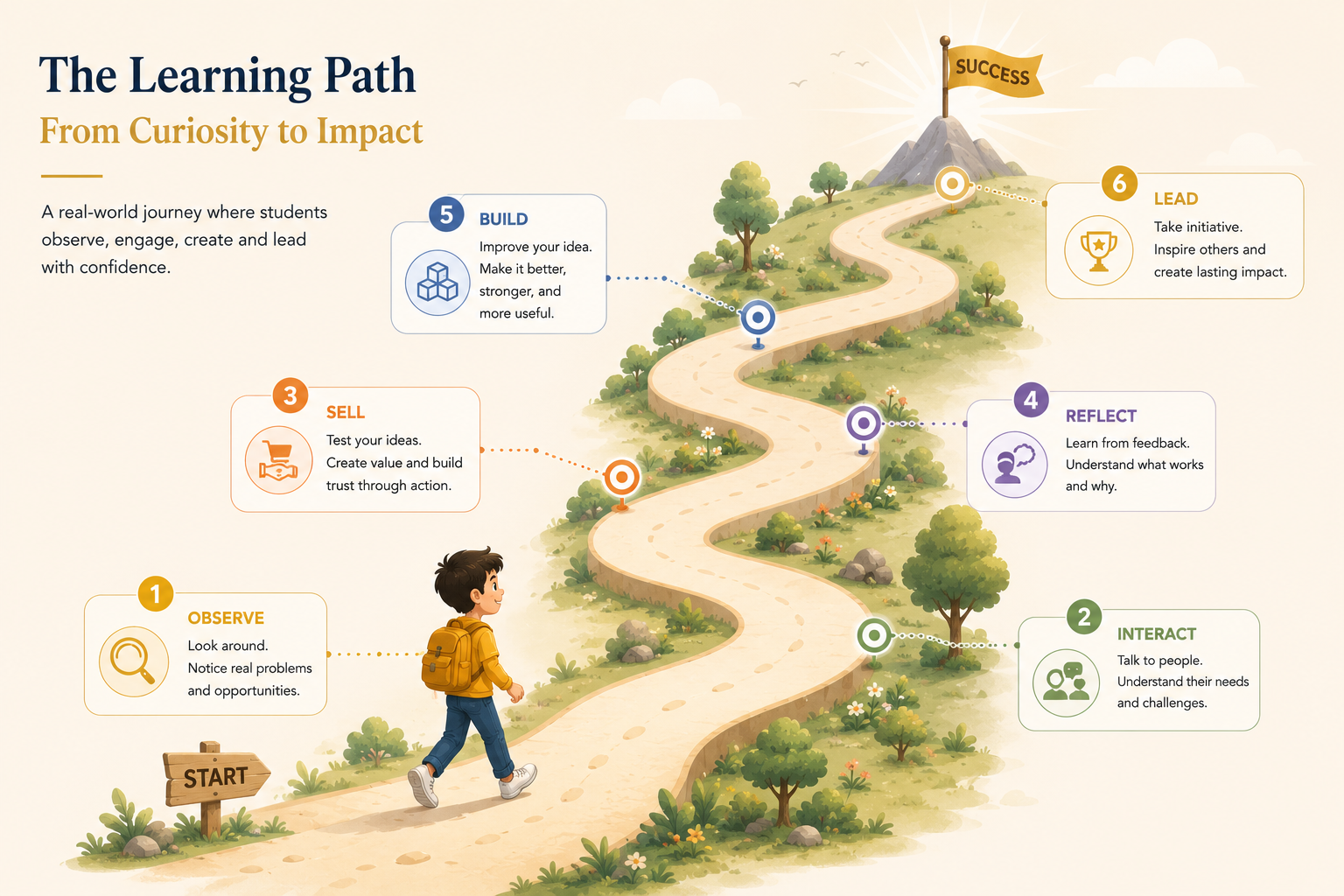 Illustrated learning path: a student walks from Start through Observe, Interact, Sell, Reflect, Build, and Lead toward Success on a mountain summit